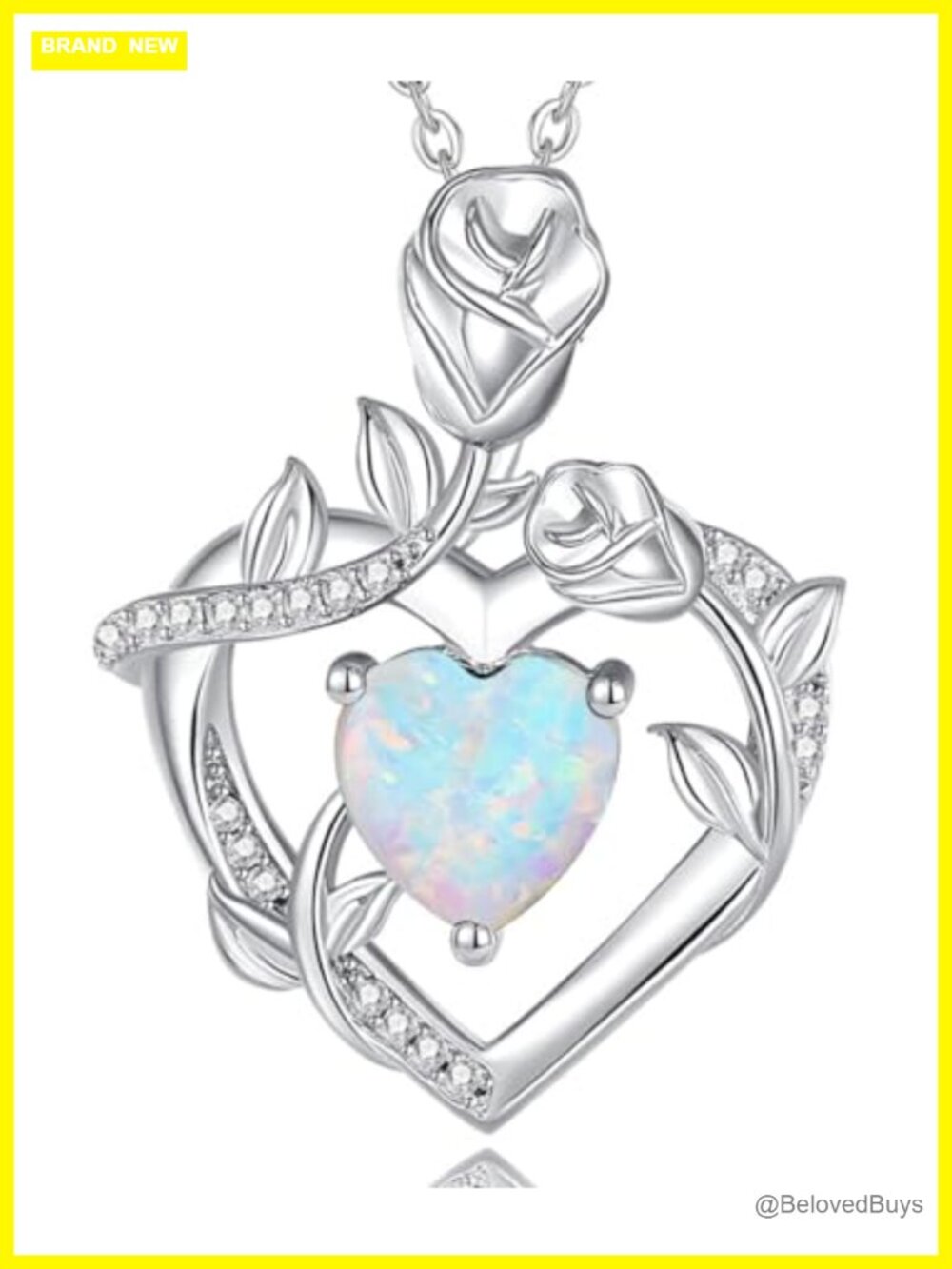 Sterling Silver White Gold Plated Opal Heart Rose Flower Pendant Necklace